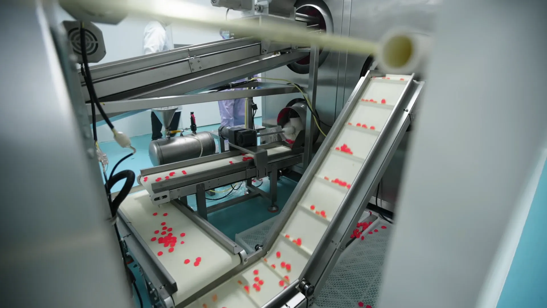 Products on production conveyor in clean manufacturing area